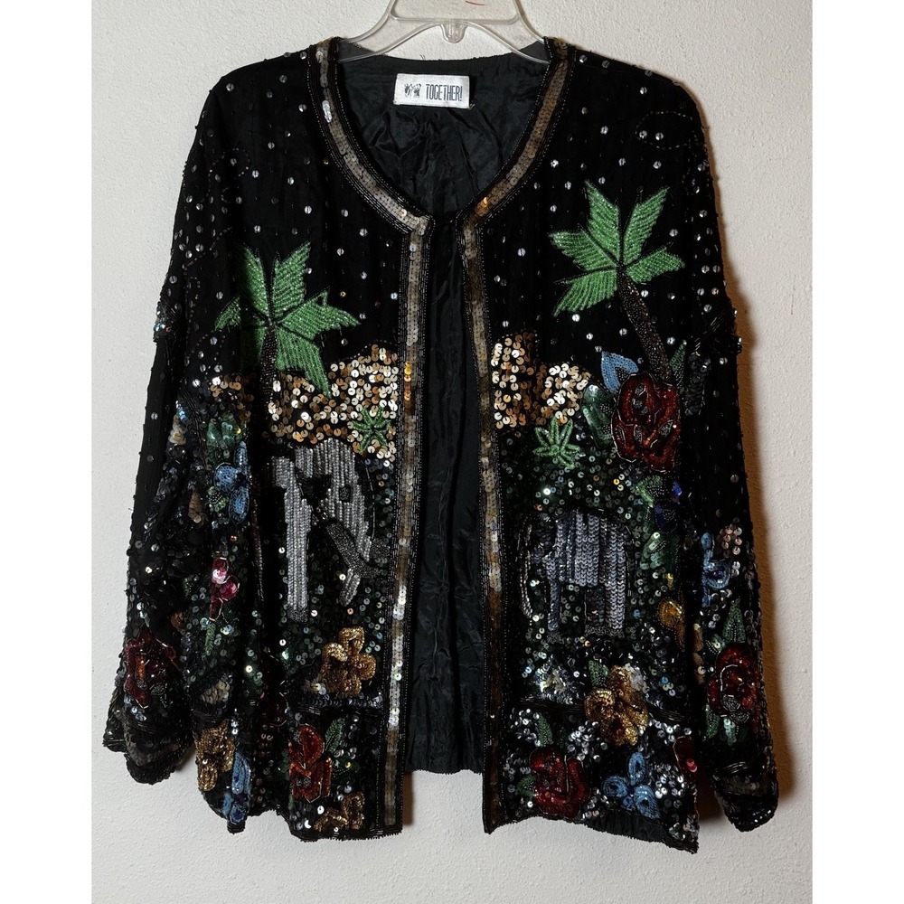 Vintage Together Beaded Sequin Elephant Jacket Black Sz L/XL